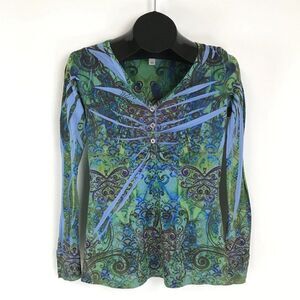 Unity World Wear V-Neck Top Women's Size Small Long Sleeve Stretch Knit Buttons